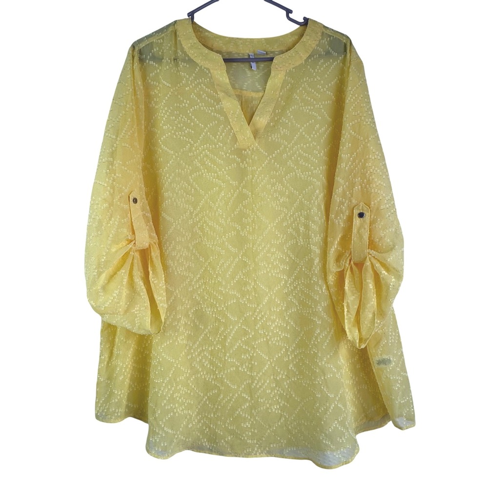 Cato Women Yellow Textured V-Neck Roll Tab Sleeve Tunic Shirt Plus 18/20W Sheer